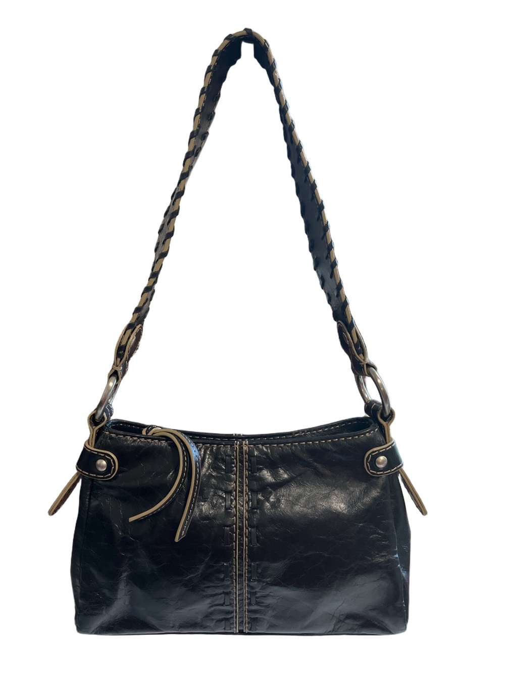 Y2K Classic Black Leather Shoulder Bag with Braided Detail Strap